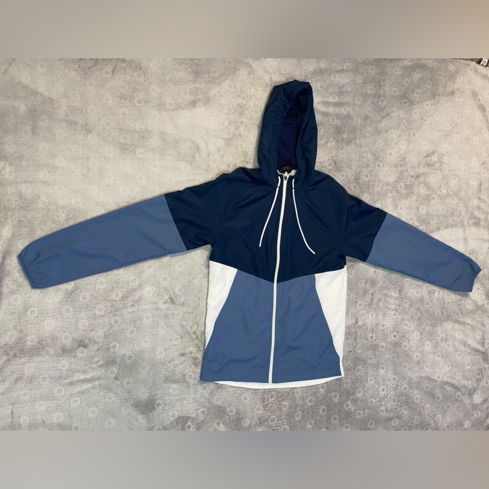 Athletic Works Windbreaker Size Small S Zip Up Hooded Mens 34-36” Blue/White